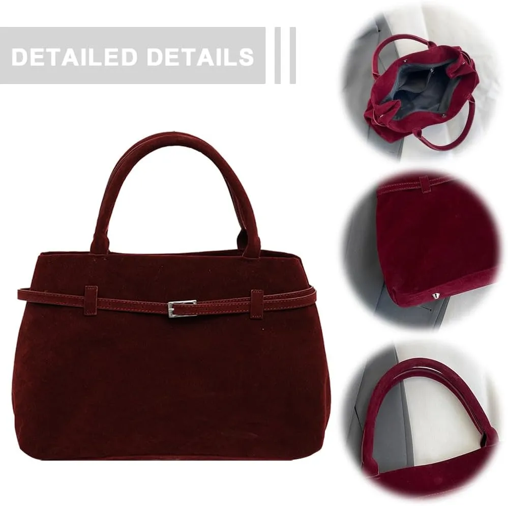 Suede Tote Bag for Women Slouchy Work Tote Bag Faux Suede Top Handle Bag Retro Brown Suede Handbag Purse