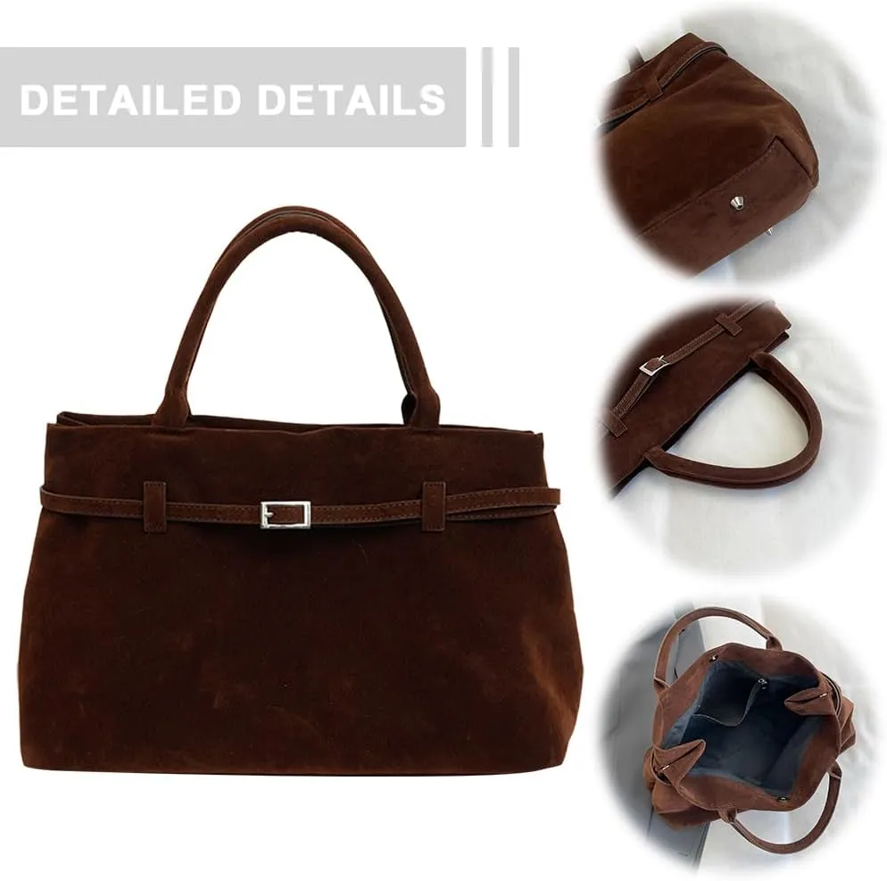 Suede Tote Bag for Women Slouchy Work Tote Bag Faux Suede Top Handle Bag Retro Brown Suede Handbag Purse