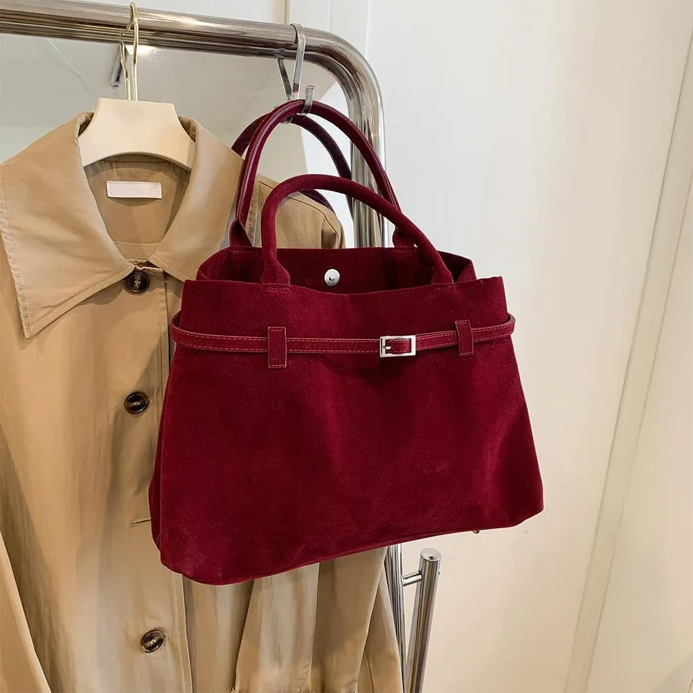 Suede Tote Bag for Women Slouchy Work Tote Bag Faux Suede Top Handle Bag Retro Brown Suede Handbag Purse