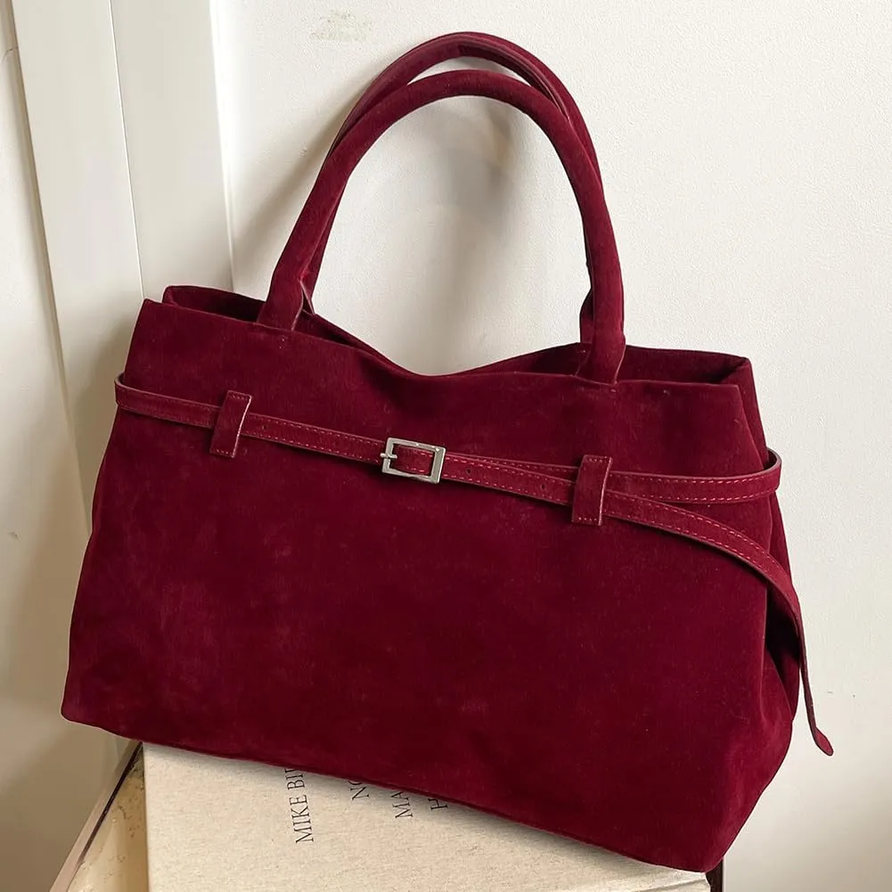 Suede Tote Bag for Women Slouchy Work Tote Bag Faux Suede Top Handle Bag Retro Brown Suede Handbag Purse