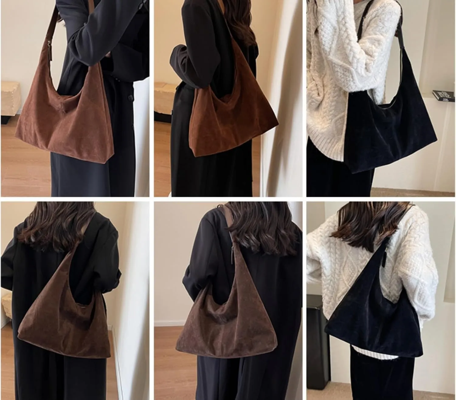 Suede Tote Bag Women Fall Winter Vintage Casual Handbag PU Strap Zip Slip Pocket Matte Shoulder Bag