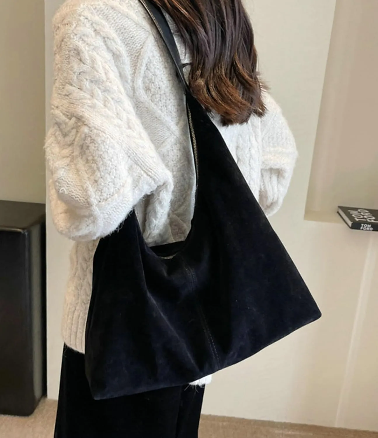 Suede Tote Bag Women Fall Winter Vintage Casual Handbag PU Strap Zip Slip Pocket Matte Shoulder Bag