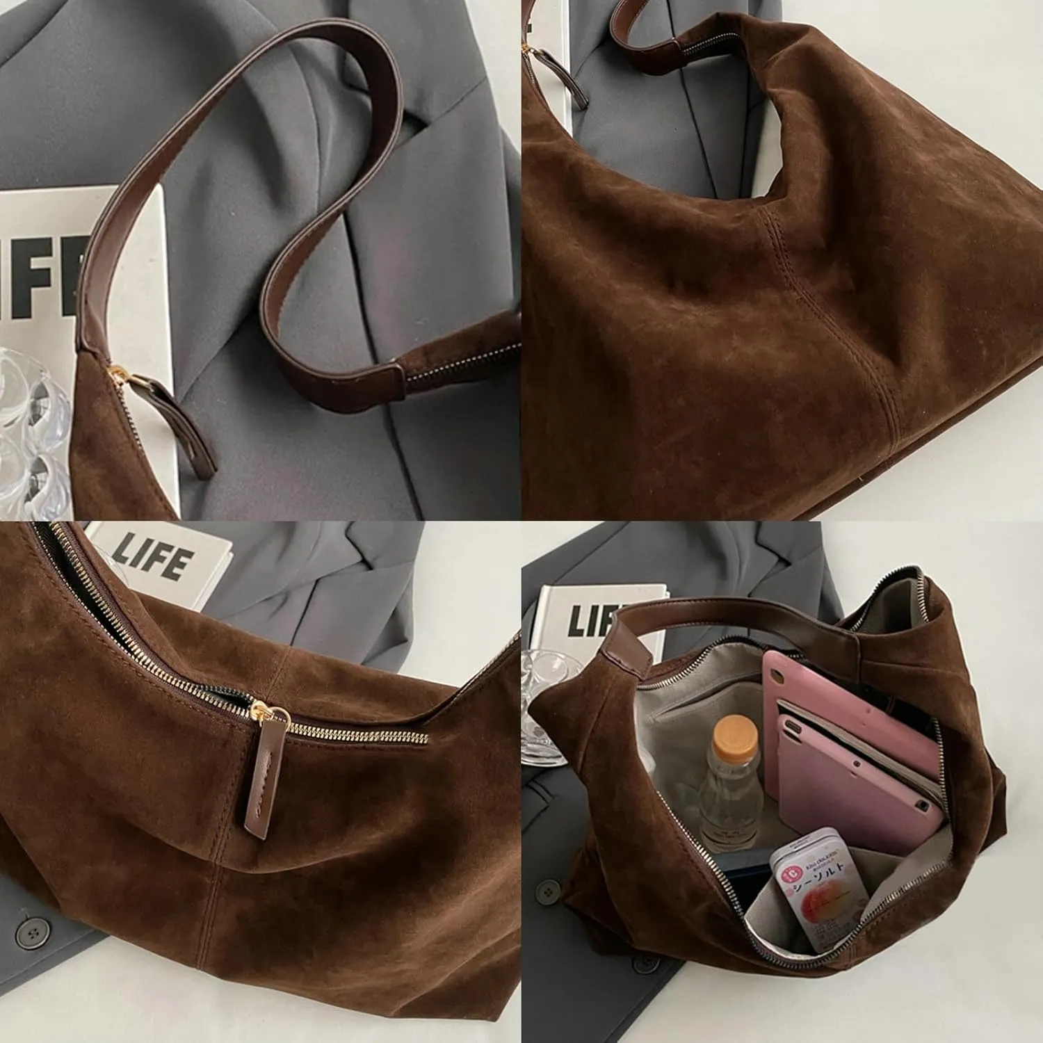 Suede Tote Bag Women Fall Winter Vintage Casual Handbag PU Strap Zip Slip Pocket Matte Shoulder Bag