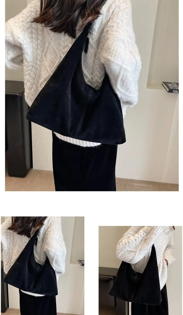 Suede Tote Bag Women Fall Winter Vintage Casual Handbag PU Strap Zip Slip Pocket Matte Shoulder Bag