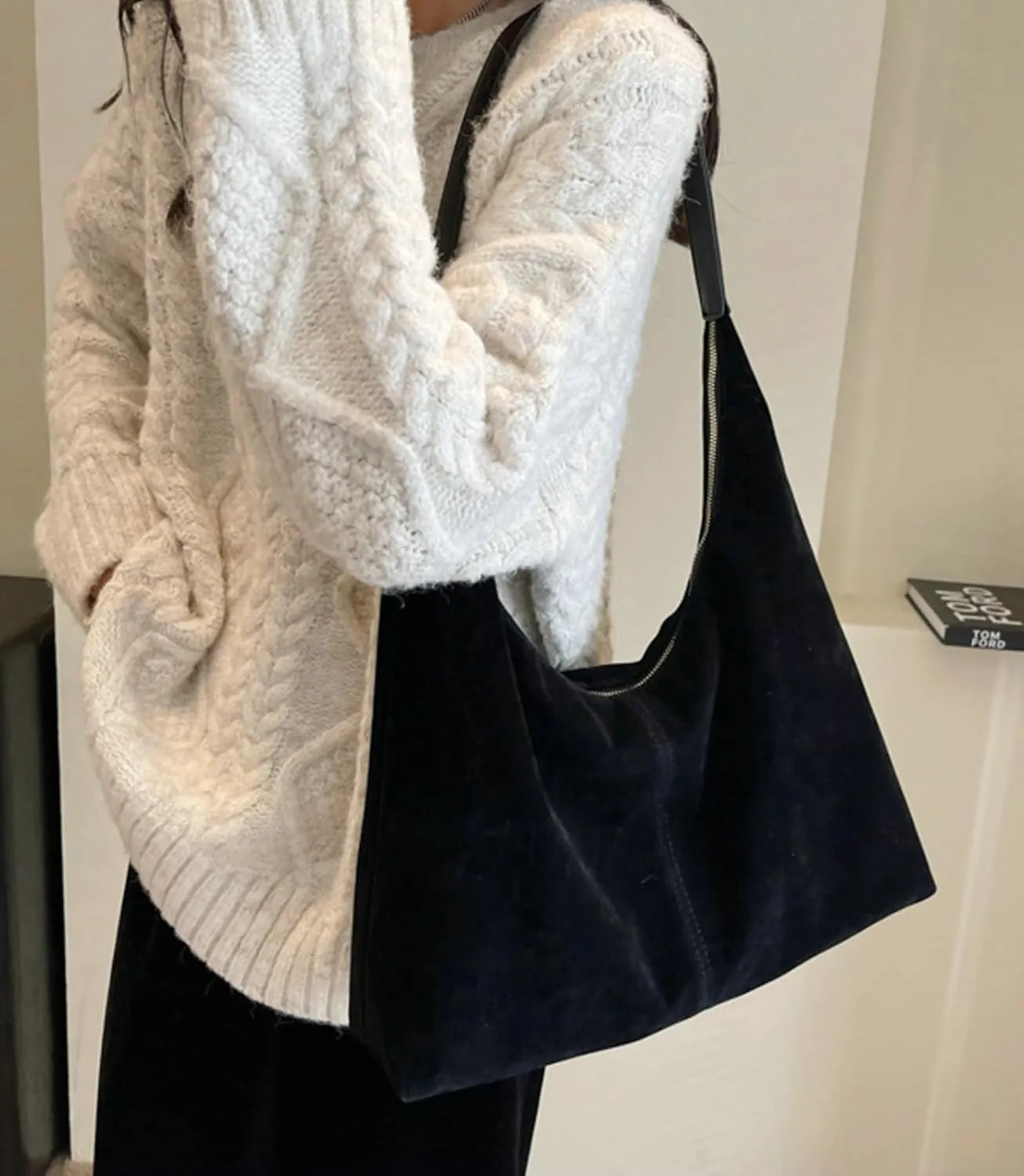Suede Tote Bag Women Fall Winter Vintage Casual Handbag PU Strap Zip Slip Pocket Matte Shoulder Bag