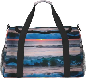 Sunset and Sunrise with Ocean Sea Waves Print Weekender Bag Large Capacity Hand Travel Bag Carry On Tote Airplane Travel Tote