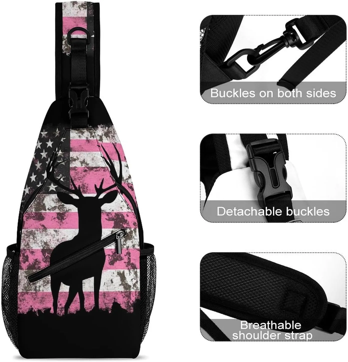 Supdreamc Men & Women Sling Backpack Outdoor Sport Daypack Travel Bag - Anti-Theft Multipurpose Tactical Satchel, American Flag Camo Deer Hunting Pink Camouflage Handy Chest Bag Rucksack Backpack