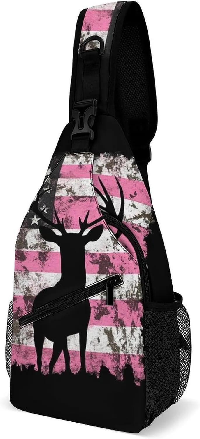 Supdreamc Men & Women Sling Backpack Outdoor Sport Daypack Travel Bag - Anti-Theft Multipurpose Tactical Satchel, American Flag Camo Deer Hunting Pink Camouflage Handy Chest Bag Rucksack Backpack