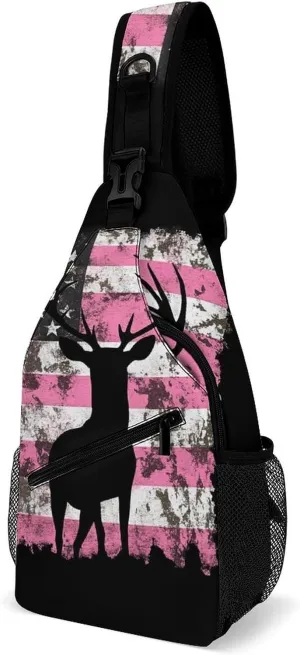 Supdreamc Men & Women Sling Backpack Outdoor Sport Daypack Travel Bag - Anti-Theft Multipurpose Tactical Satchel, American Flag Camo Deer Hunting Pink Camouflage Handy Chest Bag Rucksack Backpack