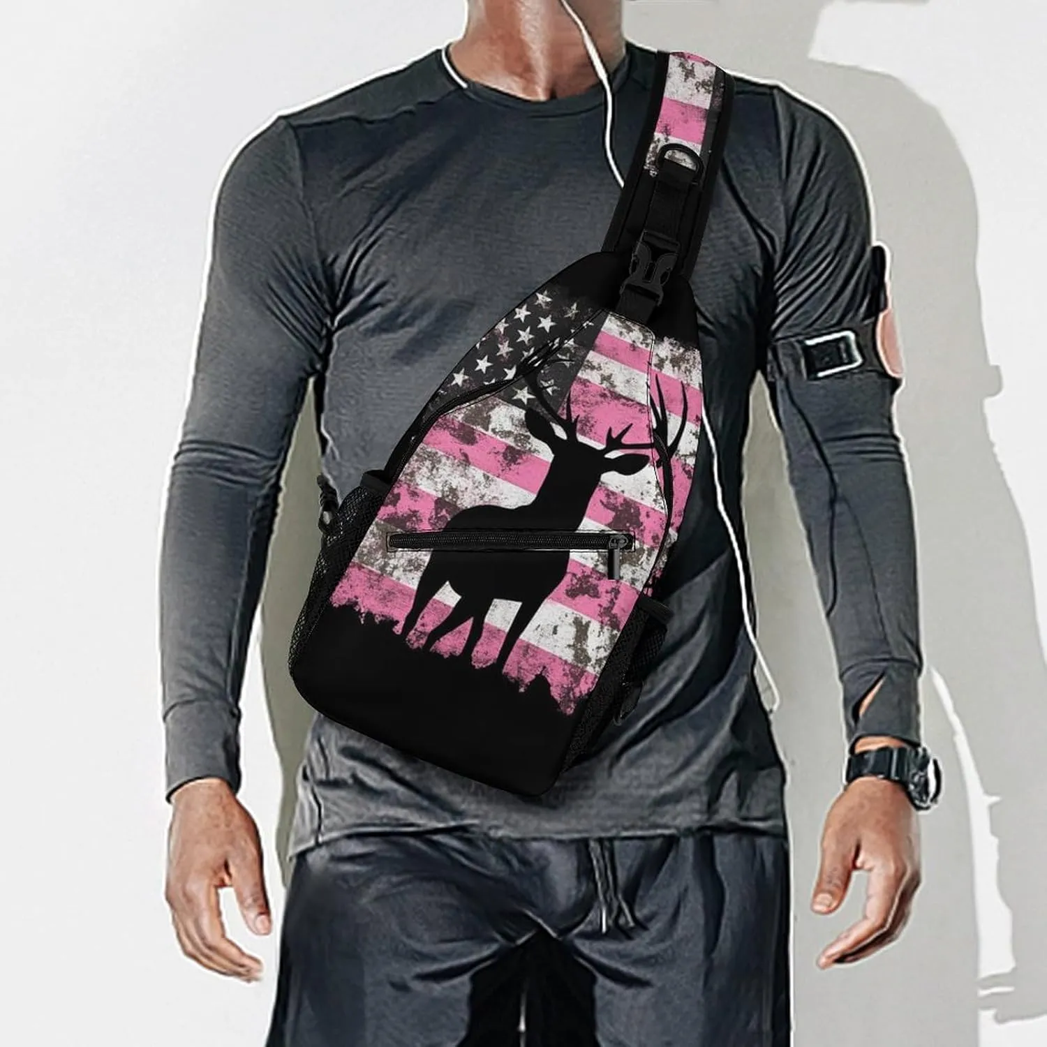 Supdreamc Men & Women Sling Backpack Outdoor Sport Daypack Travel Bag - Anti-Theft Multipurpose Tactical Satchel, American Flag Camo Deer Hunting Pink Camouflage Handy Chest Bag Rucksack Backpack