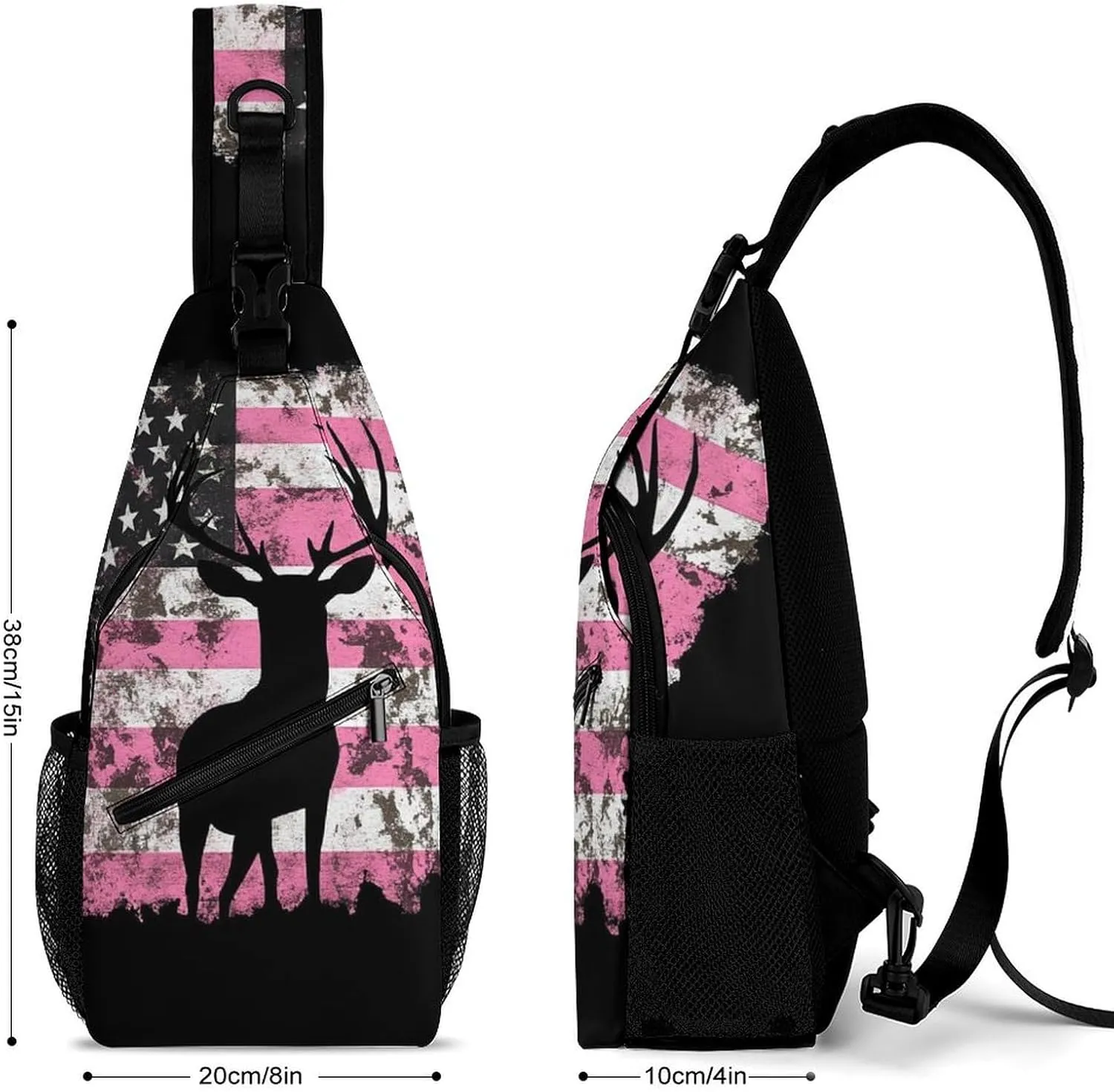 Supdreamc Men & Women Sling Backpack Outdoor Sport Daypack Travel Bag - Anti-Theft Multipurpose Tactical Satchel, American Flag Camo Deer Hunting Pink Camouflage Handy Chest Bag Rucksack Backpack