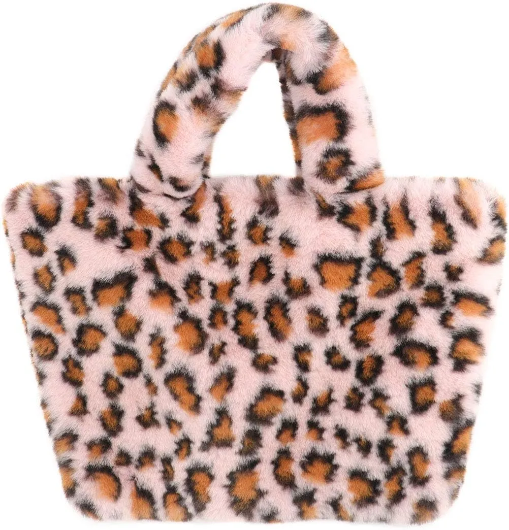 surell - Faux Rex Rabbit Fur Leopard Print Handbag - Small Fuzzy Tote Bag