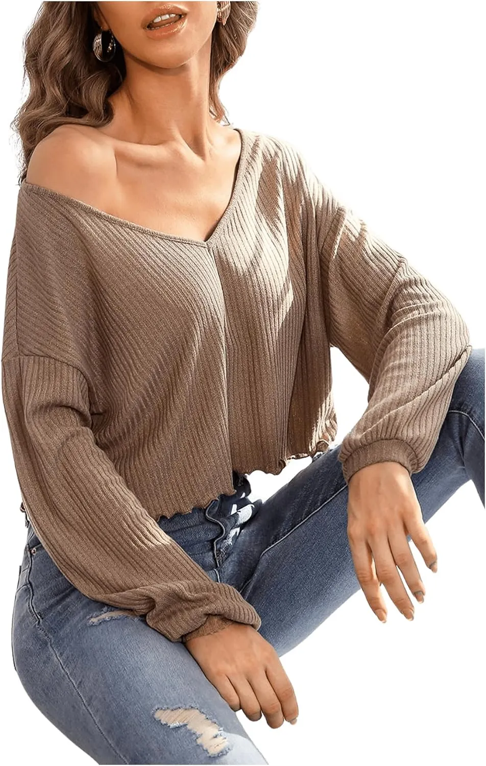 SweatyRocks Women's Long Sleeve Tee Shirt V Neck Ribbed Knit Lettuce Trim Crop Top