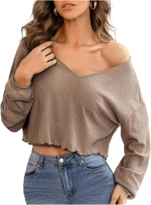 SweatyRocks Women's Long Sleeve Tee Shirt V Neck Ribbed Knit Lettuce Trim Crop Top