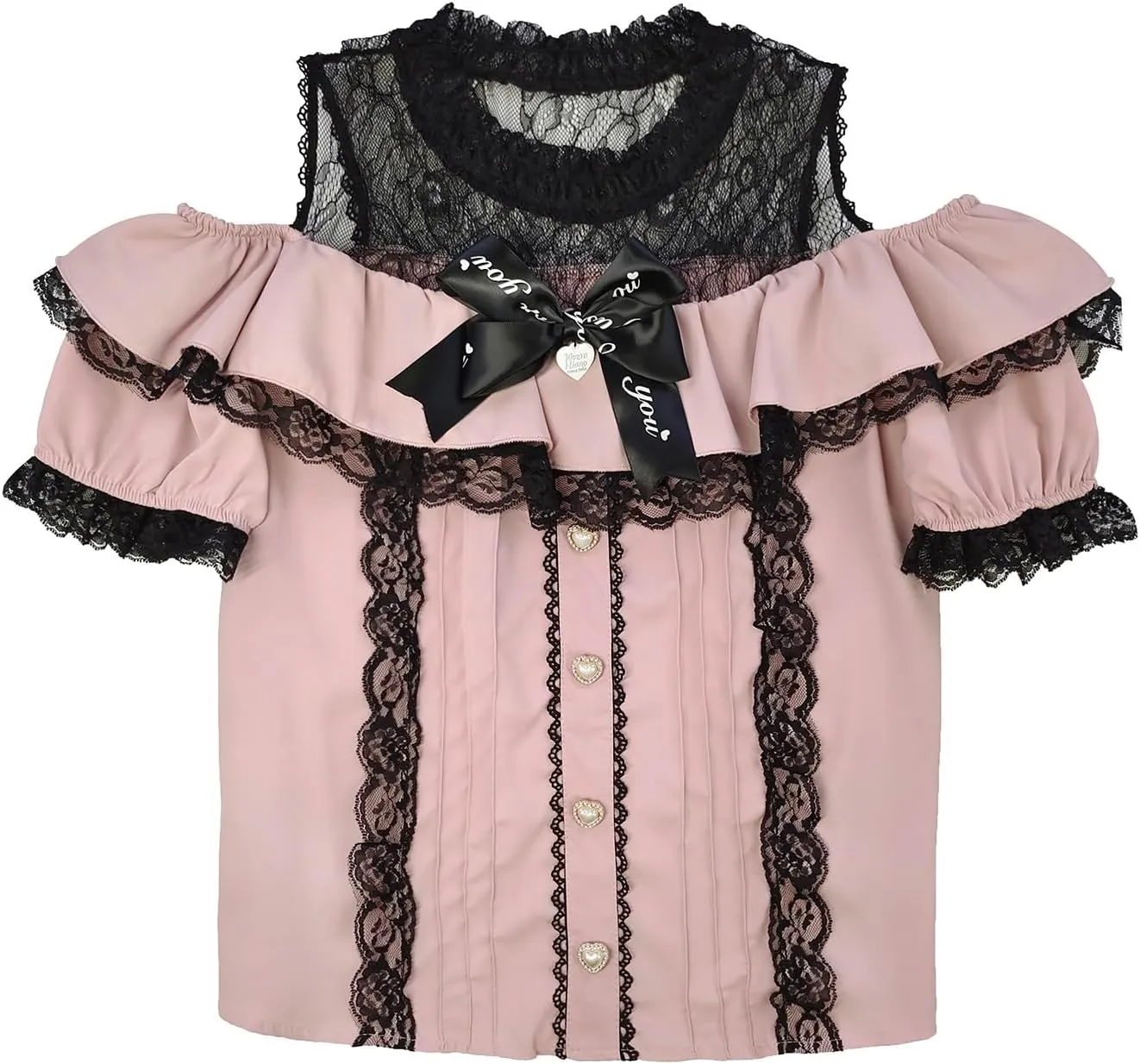 Sweet Cold Shoulder Shirt Women Lolita Lace Mesh Sheer Short Sleeve Blouse Vintage Ruffle Button Cute Tops