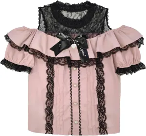 Sweet Cold Shoulder Shirt Women Lolita Lace Mesh Sheer Short Sleeve Blouse Vintage Ruffle Button Cute Tops