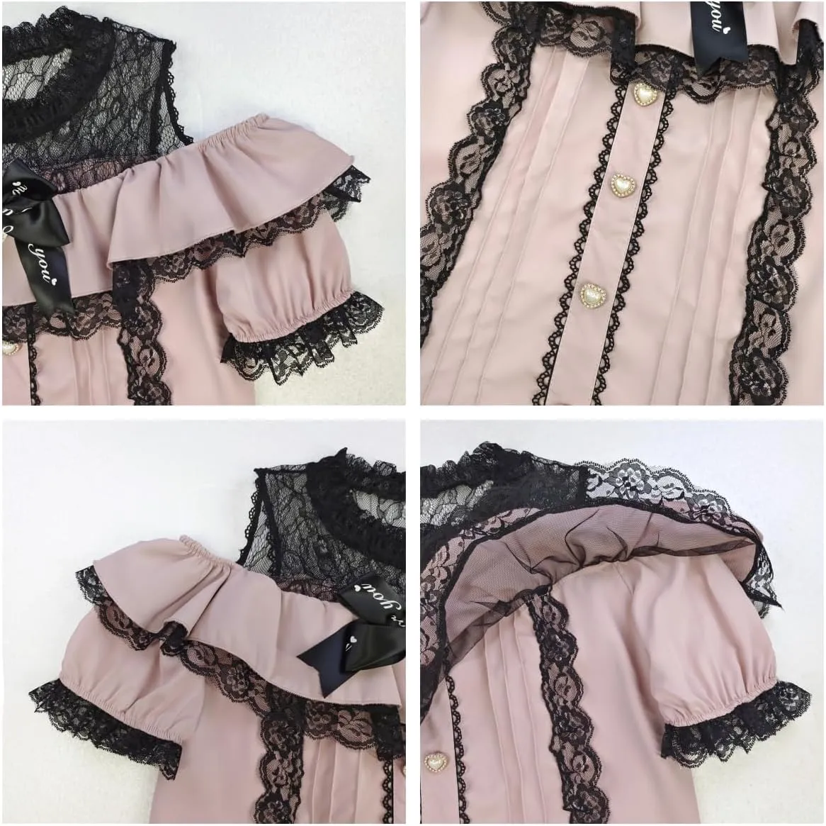 Sweet Cold Shoulder Shirt Women Lolita Lace Mesh Sheer Short Sleeve Blouse Vintage Ruffle Button Cute Tops