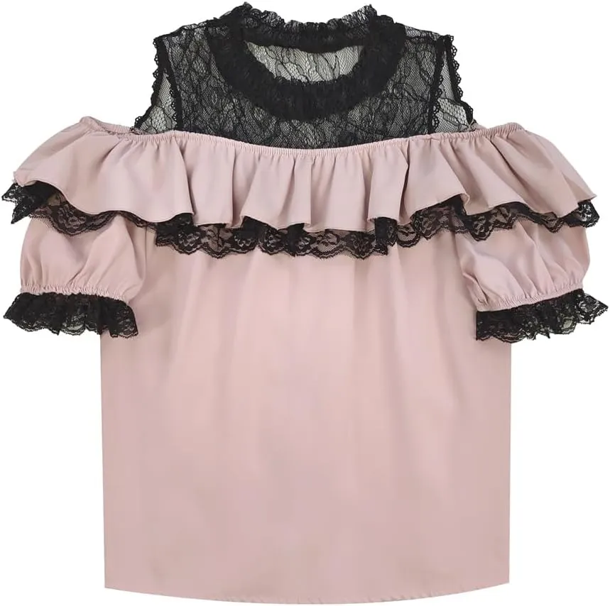 Sweet Cold Shoulder Shirt Women Lolita Lace Mesh Sheer Short Sleeve Blouse Vintage Ruffle Button Cute Tops