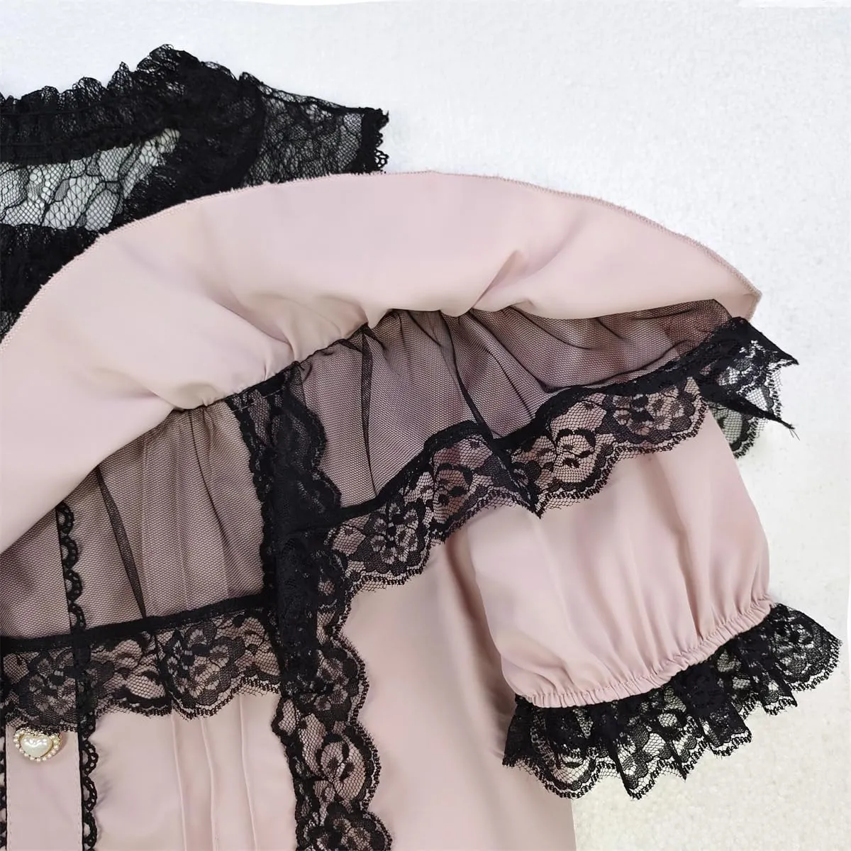 Sweet Cold Shoulder Shirt Women Lolita Lace Mesh Sheer Short Sleeve Blouse Vintage Ruffle Button Cute Tops