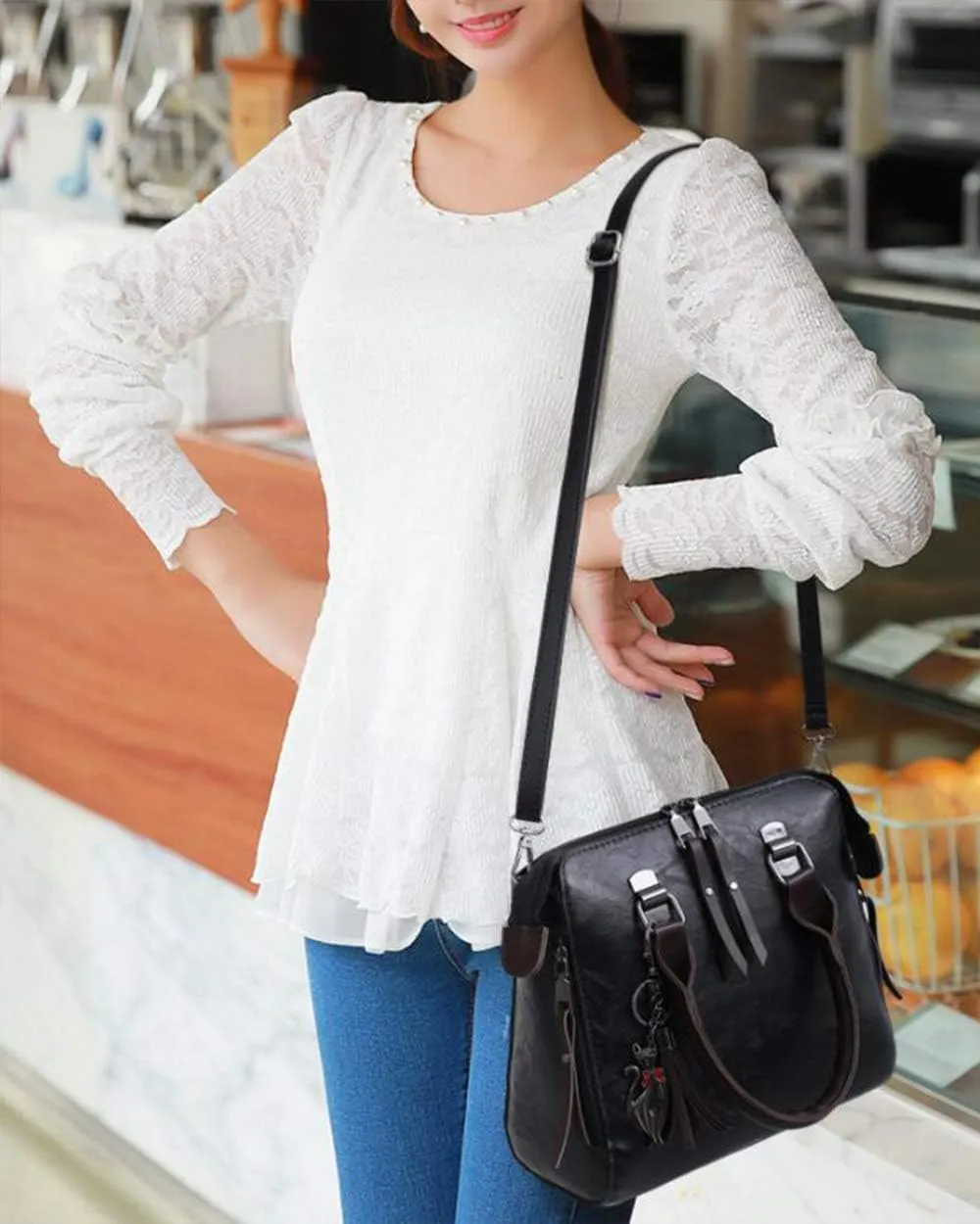 Synthetic PU Leather Tote for Women Satchel Crossbody Hobo 4pcs Handbags Shoulder Bags Tassel Fox Ornament