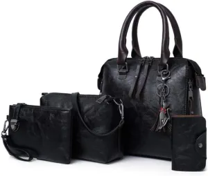 Synthetic PU Leather Tote for Women Satchel Crossbody Hobo 4pcs Handbags Shoulder Bags Tassel Fox Ornament