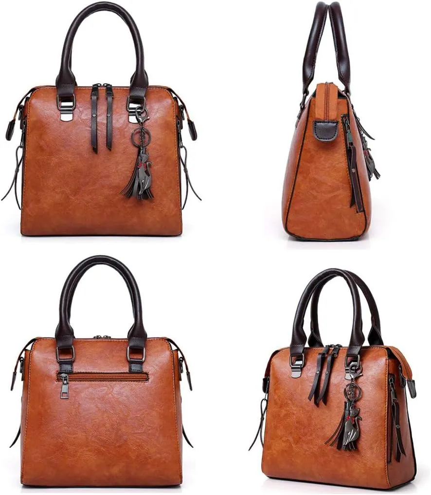Synthetic PU Leather Tote for Women Satchel Crossbody Hobo 4pcs Handbags Shoulder Bags Tassel Fox Ornament