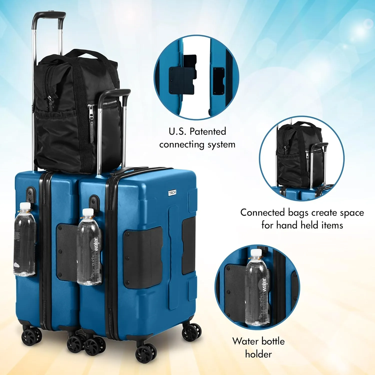 Tach V3.1 Hard Shell Carry On Luggage 20 inch | Carry on Luggage with Spinner Wheels & Patented Built-In Connecting System | One Piece Rolling Suitcase Links 9 Bags At Once (Blue)