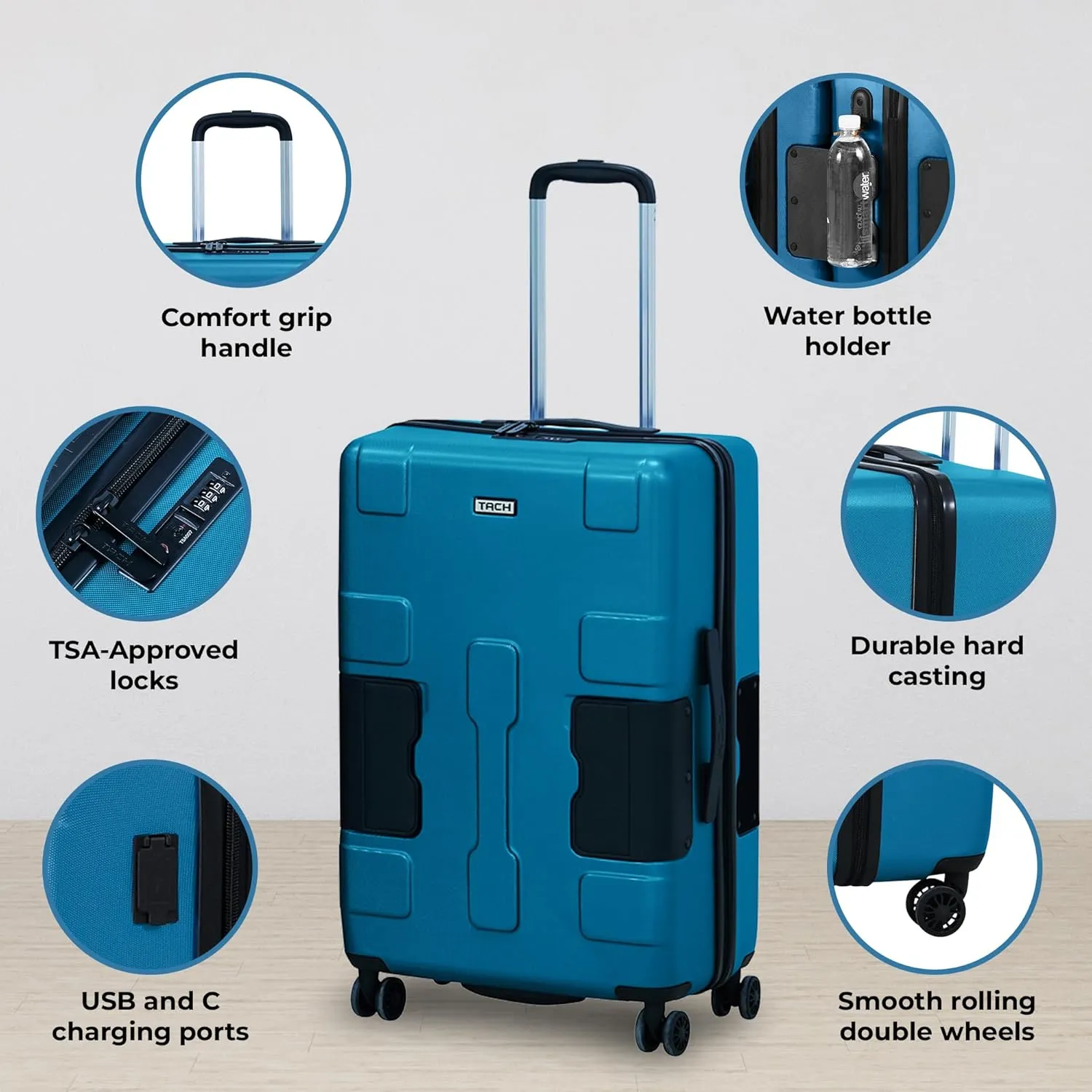 Tach V3.1 Hard Shell Carry On Luggage 20 inch | Carry on Luggage with Spinner Wheels & Patented Built-In Connecting System | One Piece Rolling Suitcase Links 9 Bags At Once (Blue)