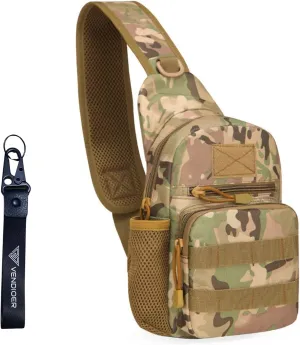 Tactical Chest Sling Bag with Bottle Holder & Key Ring Strap, Military Water Repellent Molle Camouflage Backpack (Wood Camo)