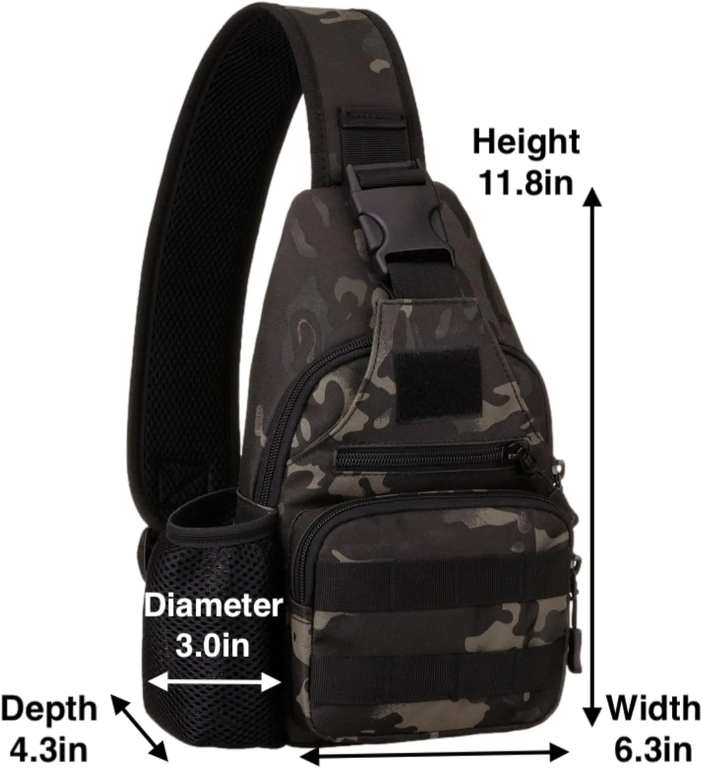 Tactical USB Port Sling Bag with Bottle Holder & Key Ring Strap, Water Repellent Molle Camouflage Shoulder Backpack (Black Camo)