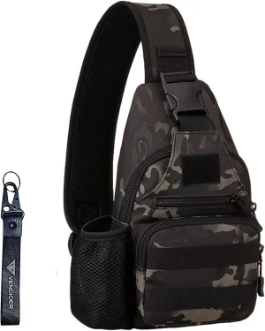 Tactical USB Port Sling Bag with Bottle Holder & Key Ring Strap, Water Repellent Molle Camouflage Shoulder Backpack (Black Camo)