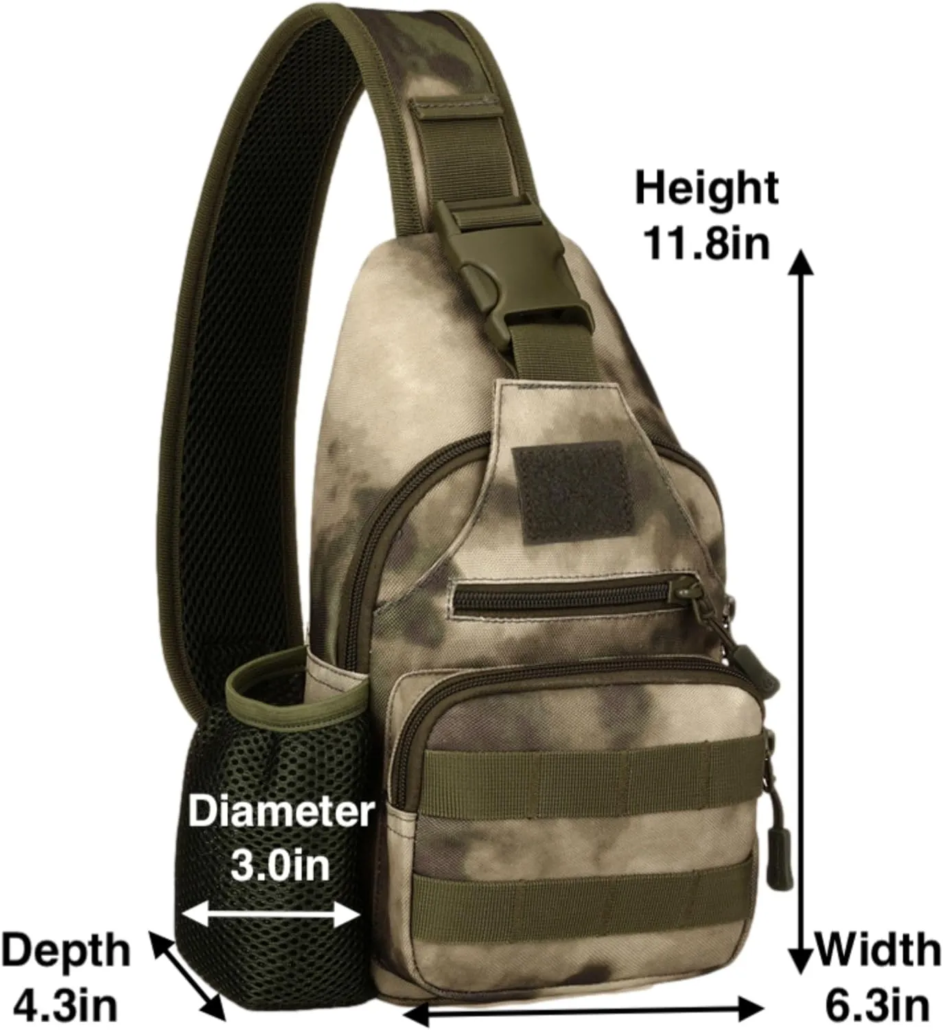 Tactical USB Port Sling Bag with Bottle Holder & Key Ring Strap, Water Repellent Molle Camouflage Shoulder Backpack (Tie Dye Camo)