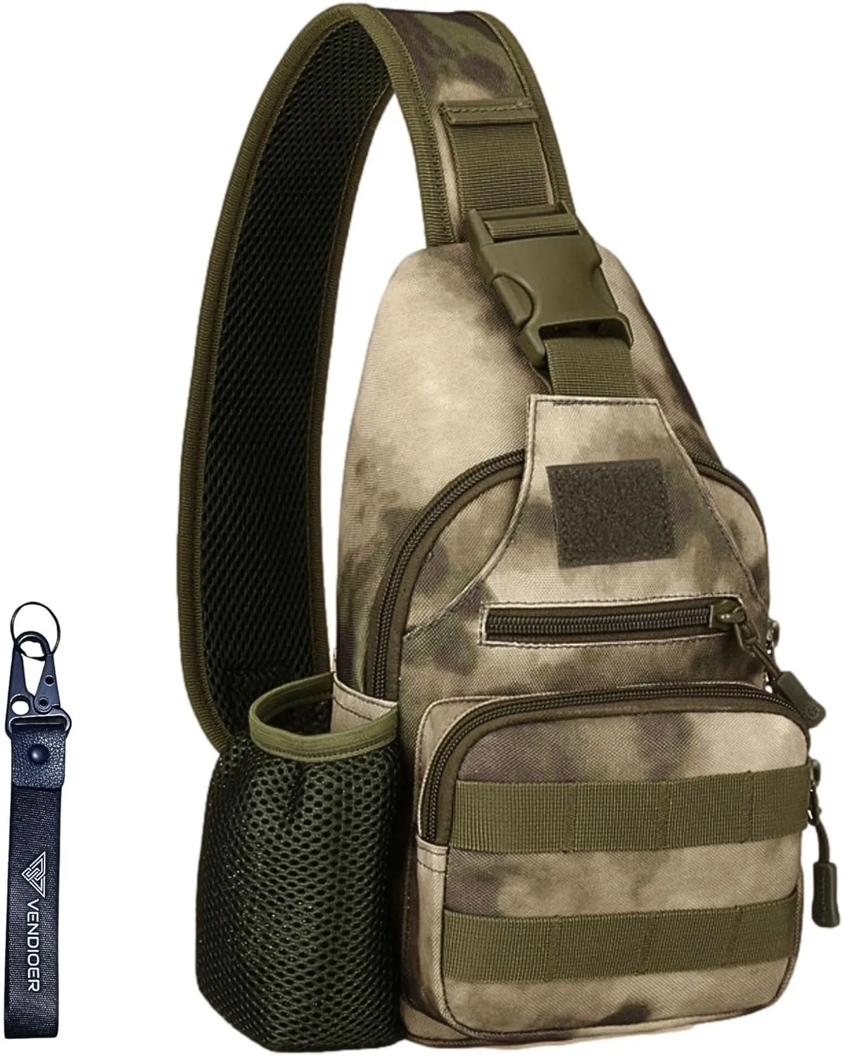 Tactical USB Port Sling Bag with Bottle Holder & Key Ring Strap, Water Repellent Molle Camouflage Shoulder Backpack (Tie Dye Camo)