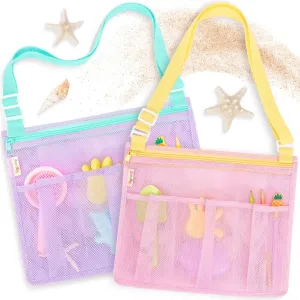Tagitary Beach Toys Kids Beach Bag with Zipper 4 Pockets, Collapsible Seashell Swim Pool Mesh Tote for Shower School Supplies Lake Stuff Sand Toy Storage, Travel Summer Vacation Essentials for Teens