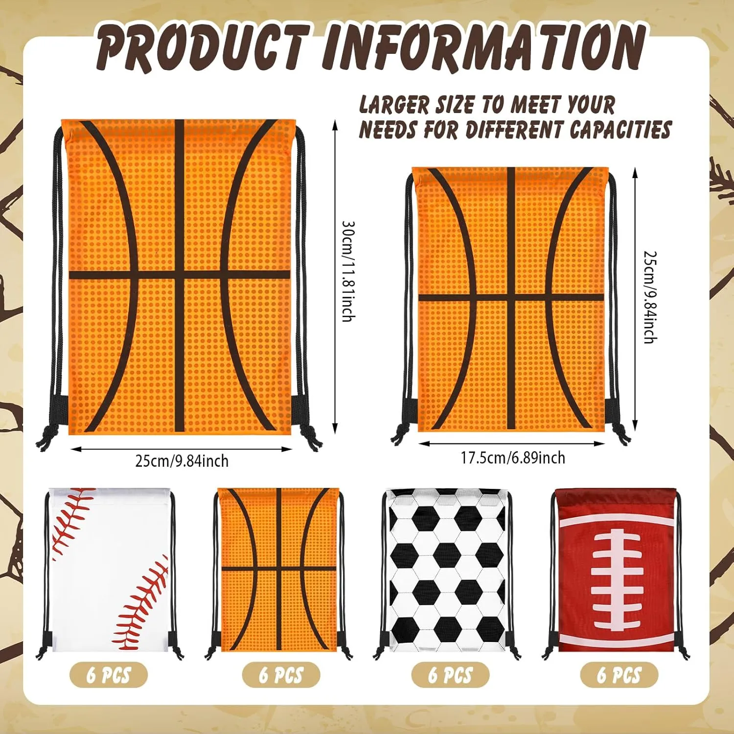 Tanlade 24 Pcs Sport Drawstring Bags Cinch Sack Candy Drawstring Bag Sport Party Goodie Favor Bags Supplies Gifts for Sports Party Men Women (Mixed ball,10 x 12 Inch)