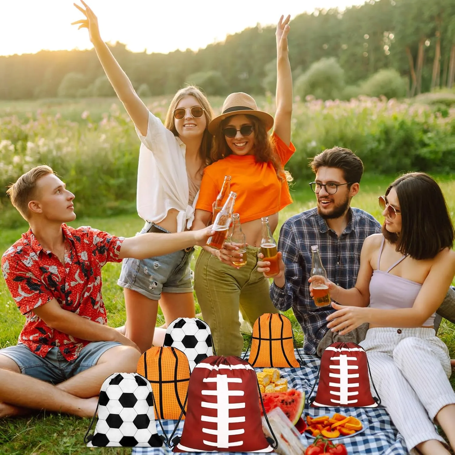 Tanlade 24 Pcs Sport Drawstring Bags Cinch Sack Candy Drawstring Bag Sport Party Goodie Favor Bags Supplies Gifts for Sports Party Men Women (Mixed ball,10 x 12 Inch)