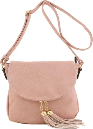 Tassel Accent Crossbody Bag with Flap Top (Dusty Pink)