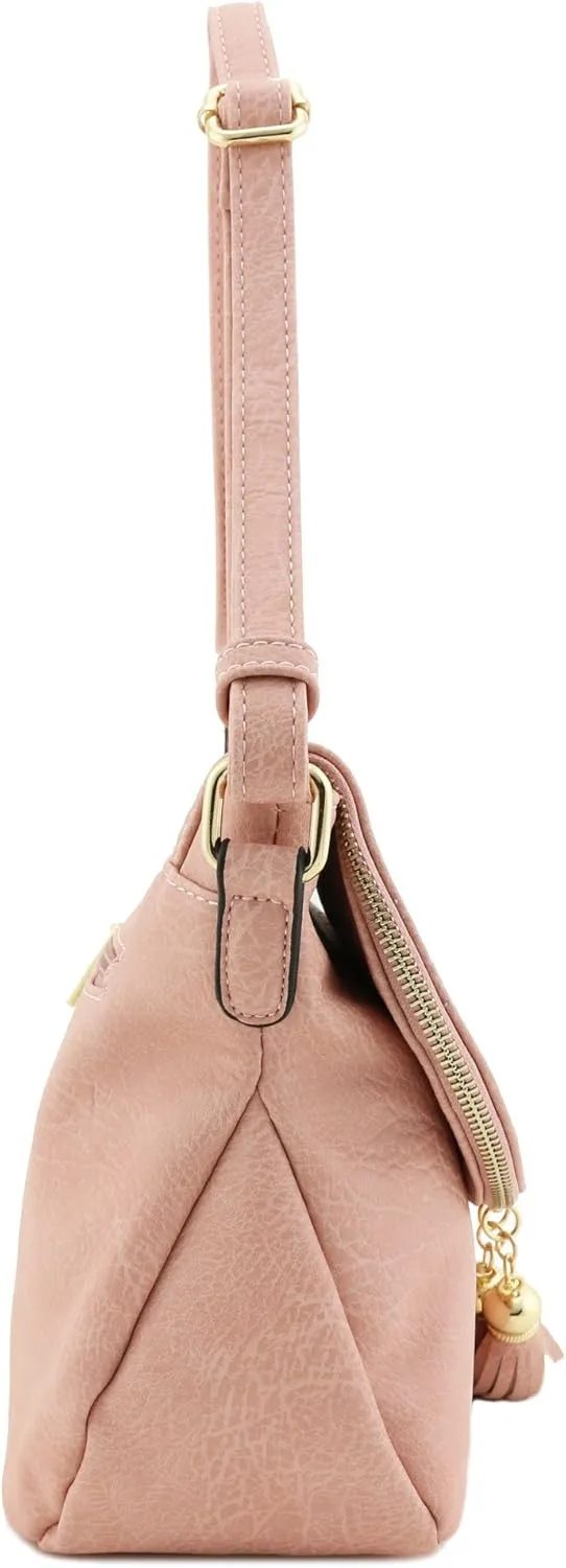 Tassel Accent Crossbody Bag with Flap Top (Dusty Pink)