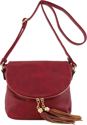 Tassel Accent Crossbody Bag with Flap Top (Red)