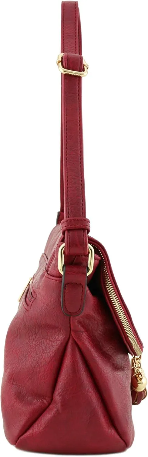 Tassel Accent Crossbody Bag with Flap Top (Red)