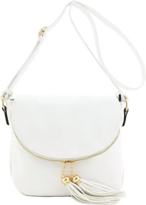 Tassel Accent Crossbody Bag with Flap Top (White)