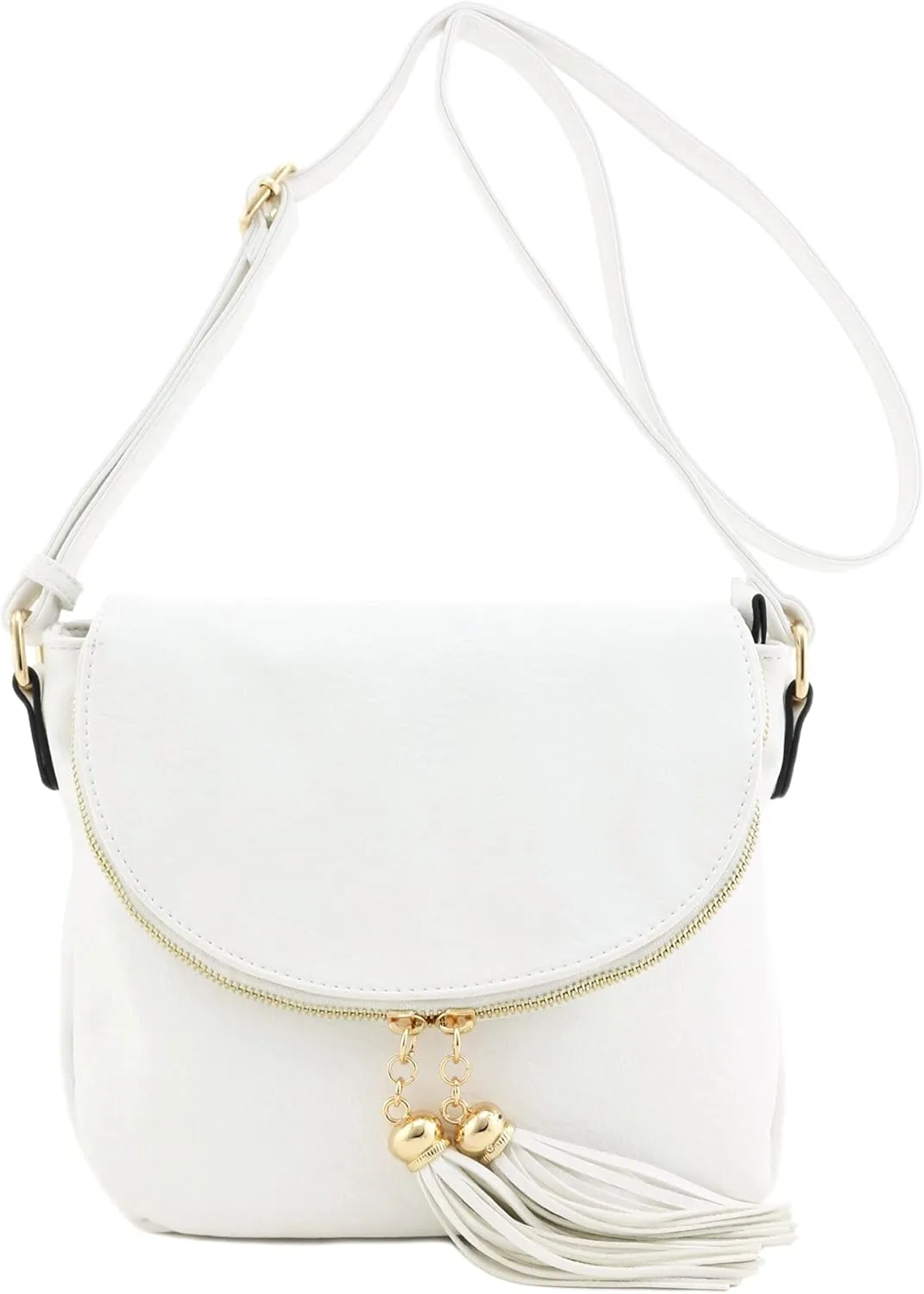 Tassel Accent Crossbody Bag with Flap Top (White)