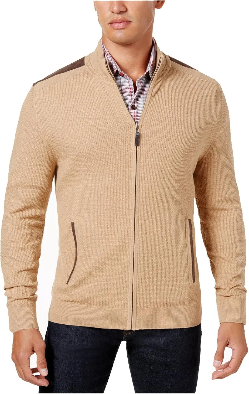 Tasso Elba Men's Textured-Knit Full-Zip Jacket (Camel Melange, XL)