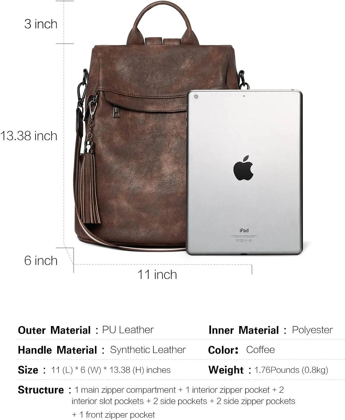 Telena Backpack Purse for Women, PU Leather Anti Theft Travel Purse Shoulder Bags with Tassel