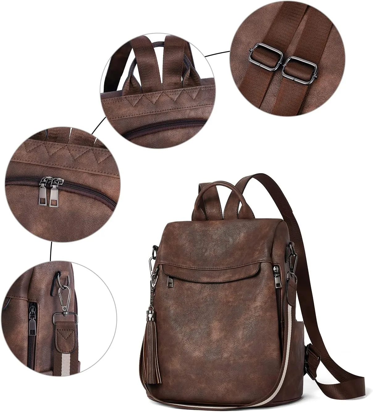 Telena Backpack Purse for Women, PU Leather Anti Theft Travel Purse Shoulder Bags with Tassel