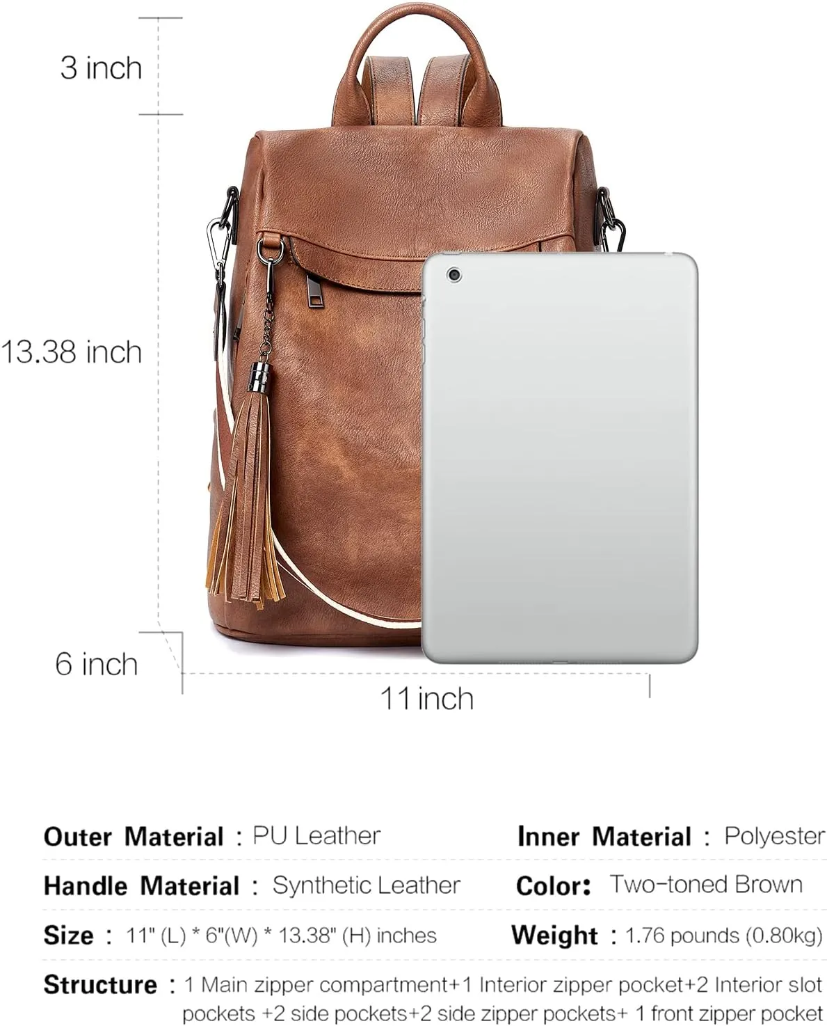 Telena Backpack Purse for Women, PU Leather Anti Theft Travel Purse Shoulder Bags with Tassel