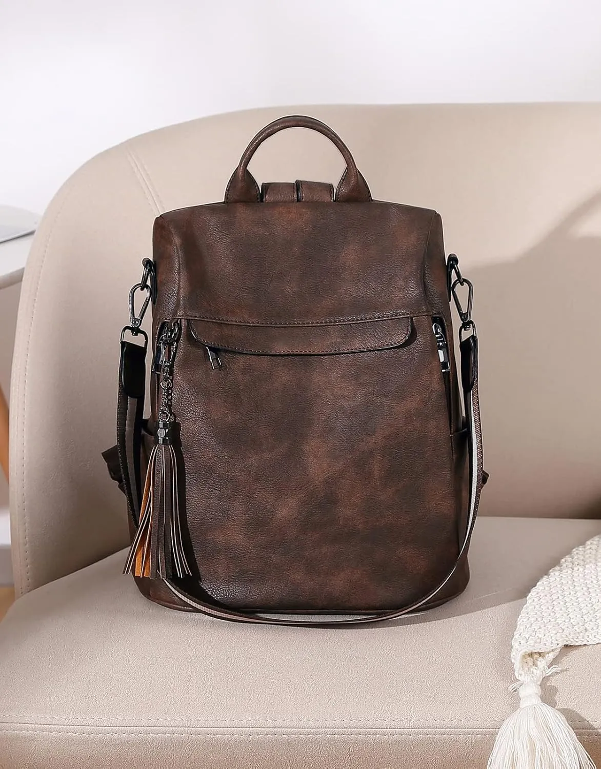 Telena Backpack Purse for Women, PU Leather Anti Theft Travel Purse Shoulder Bags with Tassel