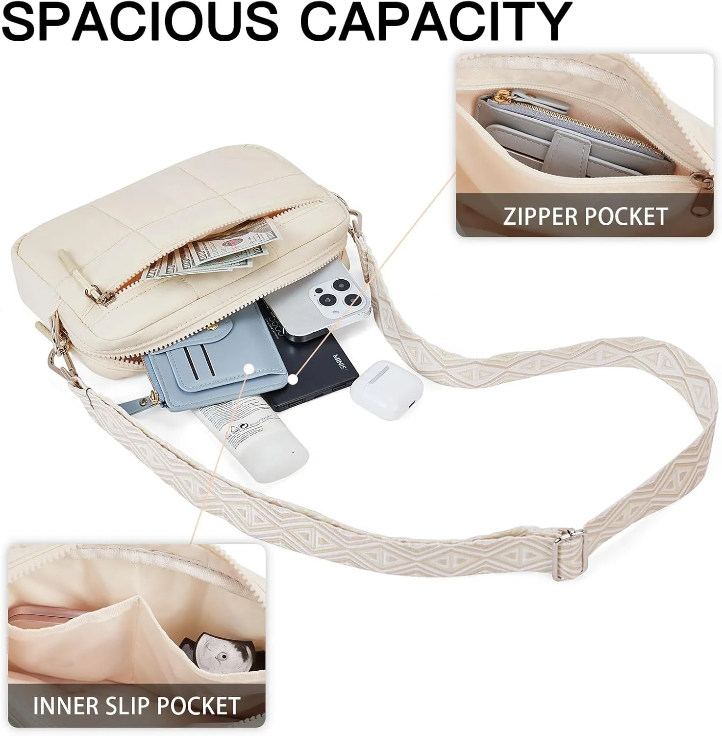 Telena Crossbody Bags for Women Cross Body Purse with Guitar Strap Lightweight Puffer Shoulder Bag for Travel