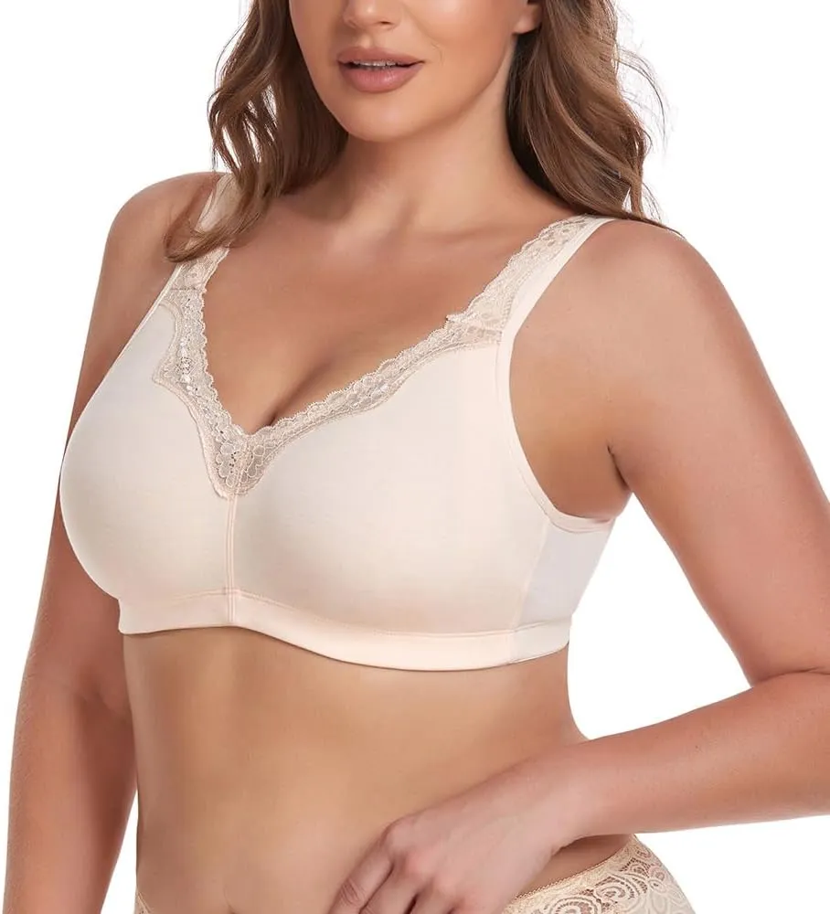 TELIMUSSTO Women's Plus Size Soft Cotton Lace Bra Full Coverage Wirefree Non-Padded