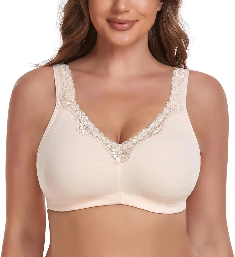 TELIMUSSTO Women's Plus Size Soft Cotton Lace Bra Full Coverage Wirefree Non-Padded